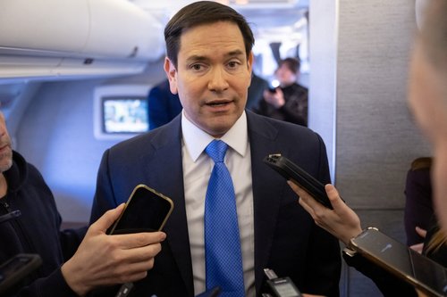 U.S. Secretary of State Marco Rubio speaks with the media on his military airplane as he flies to Jeddah