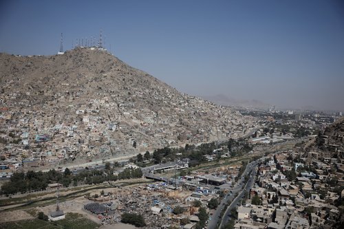 Telecom antennas stand on top of a hill, amid telecom shutdown across the country, in Kabul, Afghanistan