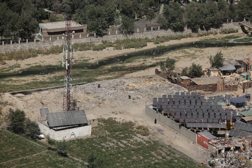 Telecom network antenna stands on the ground, amid telecom shutdown across the country, in Kabul, Afghanistan