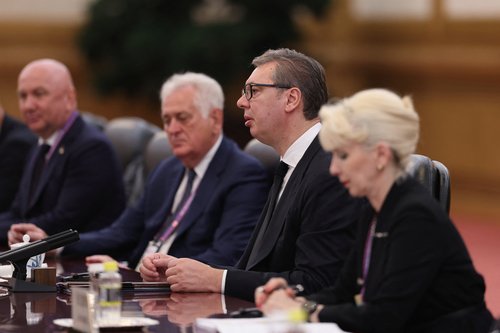 Serbian President Aleksandar Vucic speaks at a bilateral meeting with Chinese President Xi Jinping (not pictured) in The Great Hall of People on September 04, 2025 in Beijing, China