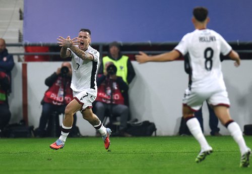 Soccer Football - FIFA World Cup - UEFA Qualifiers - Group K - Serbia v Albania - Dubocica Stadium, Leskovac, Serbia - October 11, 2025 Albania's Rey Manaj celebrates scoring their first goal REUTERS/Marko Djurica