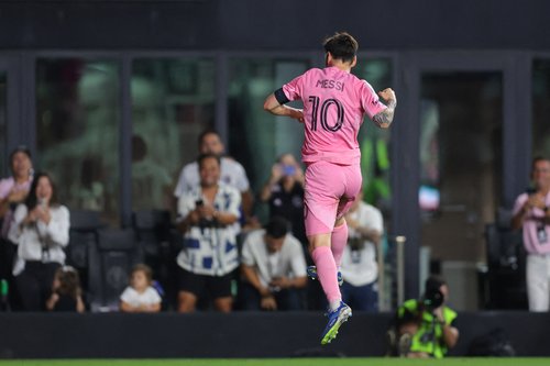 Oct 11, 2025; Fort Lauderdale, Florida, USA; Inter Miami CF forward Lionel Messi (10) celebrates after scoring against Atlanta United during the first half at Chase Stadium. Mandatory Credit: Sam Navarro-Imagn Images