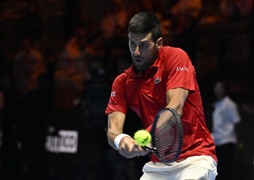 Tennis - Six Kings Slam - ANB Arena, Riyadh, Saudi Arabia - October 16, 2025 Serbia's Novak Djokovic in action during his semi final match against Italy's Jannik Sinner REUTERS/Stringer