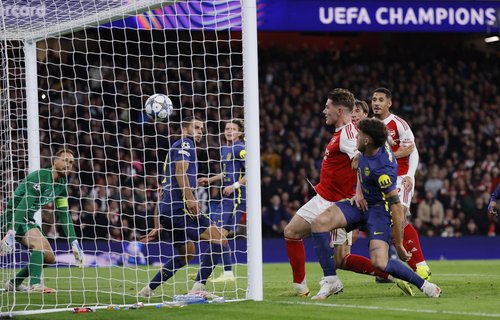 Soccer Football - UEFA Champions League - Arsenal v Atletico Madrid - Emirates Stadium, London, Britain - October 21, 2025 Arsenal's Viktor Gyokeres scores their fourth goal Action Images via Reuters/Andrew Couldridge