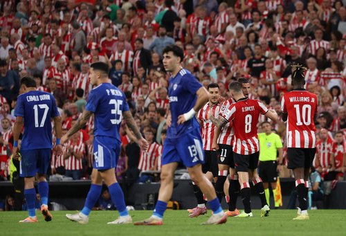 UEFA Champions League - Athletic Bilbao v Qarabag - San Mames, Bilbao, Spain - Gorka Guruzeta celebrates scoring their first goal with teammates REUTERS/Pankra Nieto