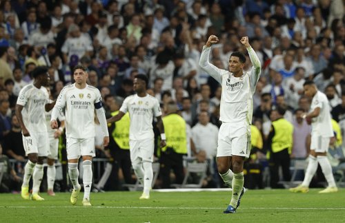 Soccer Football - UEFA Champions League - Real Madrid v Juventus - Santiago Bernabeu, Madrid, Spain - October 22, 2025 Real Madrid's Jude Bellingham celebrates scoring their first goal REUTERS/Susana Vera