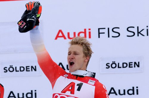 Alpine Skiing - FIS Alpine Ski World Cup - Men's Giant Slalom - Soelden, Austria - October 26, 2025 Switzerland's Marco Odermatt celebrates on the podium after placing first REUTERS/Leonhard Foeger