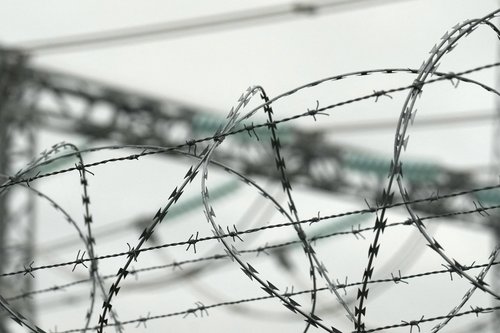 Razor and barbed wires reinforce the fence of Lithuanian power grid operator Litgrid's substation in Nemencine, Lithuania, September 29, 2025. REUTERS/Janis Laizans