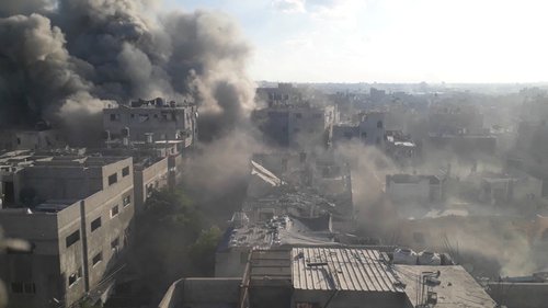 Smoke rises following Israeli strikes at the Bureij refugee camp in the central Gaza Strip October 19, 2025 Video obtained by Reuters/via REUTERS THIS IMAGE HAS BEEN SUPPLIED BY A THIRD PARTY.