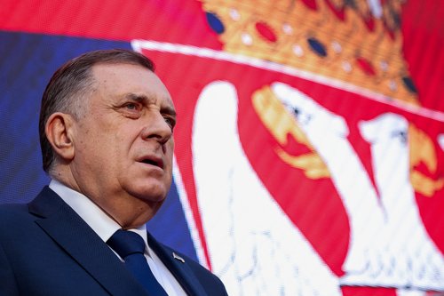 President of Republika Srpska (Serb Republic) Milorad Dodik addresses supporters during a protest in Banja Luka