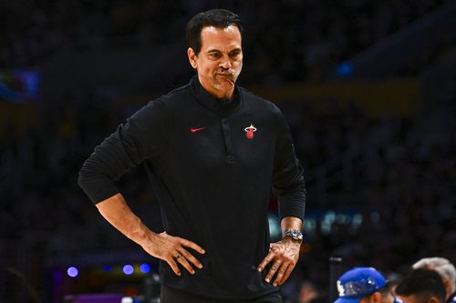 Nov 2, 2025; Los Angeles, California, USA; Miami Heat Head Coach Erik Spoelstra reacts during the game against the Los Angeles Lakers during the first half at Crypto.com Arena. Mandatory Credit: Jonathan Hui-Imagn Images
