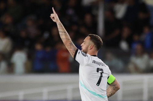 Soccer Football - FIFA World Cup - UEFA Qualifiers - Group H - Cyprus v Austria - Alphamega Stadium, Limassol, Cyprus - November 15, 2025 Austria's Marko Arnautovic celebrates scoring their first goal REUTERS/Yiannis Kourtoglou