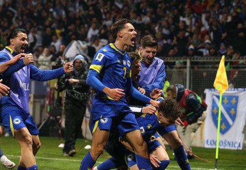 Soccer Football - FIFA World Cup - UEFA Qualifiers - Group H - Bosnia and Herzegovina v Romania - Stadion Bilino Polje, Zenica, Bosnia and Herzegovina - November 15, 2025 Bosnia and Herzegovina's Esmir Bajraktarevic celebrates scoring their second goal wi