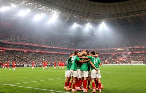 Soccer Football - Friendly Match - Basque Country v Palestine - San Mames, Bilbao, Spain - November 15, 2024 Basque Country's Unai Elgezabal celebrates scoring their first goal with teammates REUTERS/Pankra Nieto