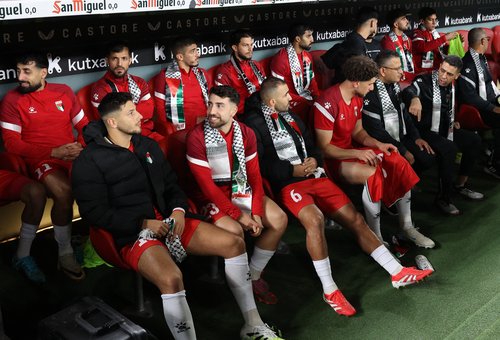 Soccer Football - Friendly Match - Basque Country v Palestine - San Mames, Bilbao, Spain - November 15, 2024 Palestine players on the substitutes bench before the match REUTERS/Pankra Nieto