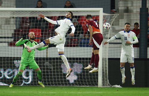 Soccer Football - World Cup - UEFA Qualifiers - Group K - Serbia v Latvia - Dubocica Stadium, Leskovac, Serbia - November 16, 2025 Latvia's Vitalijs Jagodinskis misses a chance to score REUTERS/Marko Djurica