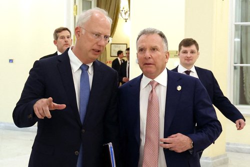 Head of the Russian Direct Investment Fund Kirill Dmitriev, talks to U.S. special envoy Steve Witkoff during a meeting in Saint Petersburg, Russia April 11, 2025.