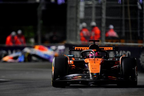 Nov 21, 2025; Las Vegas, NV, USA; McLaren driver Oscar Piastri (81) during the Las Vegas Grand Prix at Las Vegas Strip Circuit. Mandatory Credit: Gary A. Vasquez-Imagn Images