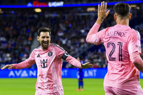 Nov 23, 2025; Cincinnati, Ohio, USA; Inter Miami CF forward Lionel Messi (10) reacts after forward Tadeo Allende (21) scores a goal against FC Cincinnati in the second half at TQL Stadium. Mandatory Credit: Katie Stratman-Imagn Images