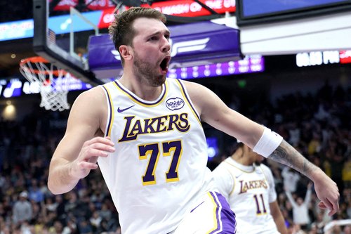 Nov 23, 2025; Salt Lake City, Utah, USA; Los Angeles Lakers guard Luka Doncic (77) reacts to a play against the Utah Jazz during the second quarter at Delta Center. Mandatory Credit: Rob Gray-Imagn Images TPX IMAGES OF THE DAY