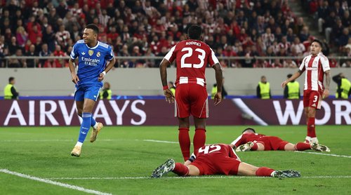 Soccer Football - UEFA Champions League - Olympiacos v Real Madrid - Georgios Karaiskakis Stadium, Piraeus, Greece - November 26, 2025 Real Madrid's Kylian Mbappe celebrates scoring their fourth goal REUTERS/Stephane Mahe