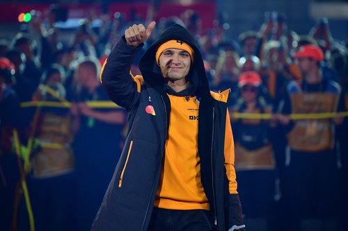 Nov 21, 2025; Las Vegas, NV, USA; McLaren driver Lando Norris (4) is introduced before the Las Vegas Grand Prix at Las Vegas Strip Circuit. Mandatory Credit: Gary A. Vasquez-Imagn Images