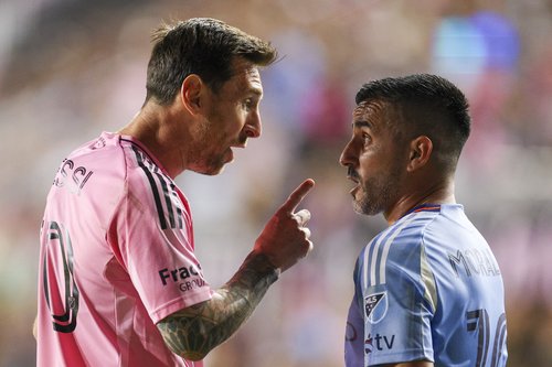 Nov 29, 2025; Fort Lauderdale, Florida, USA; Inter Miami CF forward Lionel Messi (10) talks to New York City FC midfielder Maximiliano Moralez (10) in the first half during the Eastern Conference Final at Chase Stadium. Mandatory Credit: Nathan Ray Seebec