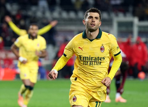 Soccer Football - Serie A - Torino v AC Milan - Stadio Olimpico Grande Torino, Turin, Italy - December 8, 2025 AC Milan's Christian Pulisic celebrates scoring their third goal REUTERS/Claudia Greco