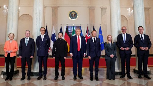Donald Trump,Volodymyr Zelenskiy, Friedrich Merz, Emmanuel Macron, Keir Starmer, Giorgia Meloni, and Alexander Stubb, Mark Rutte and Ursula von der LeyenREUTERS/Alexander Drago/File Photo