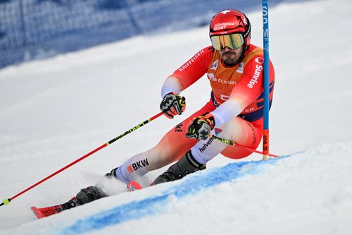 Dec 7, 2025; Beaver Creek, Colorado, UNITED STATES; Loic Meillard of Switzerland competes during the men's giant slalom alpine skiing race during the FIS World Cup at Birds of Prey. Mandatory Credit: Marc Desrosiers-Imagn Images