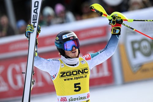 Alpine Skiing - FIS Alpine Ski World Cup - Men's Slalom - Alta Badia, Italy - December 22, 2025 Norway's Atle Lie McGrath celebrates after winning Men's Slalom REUTERS/Angelika Warmuth
