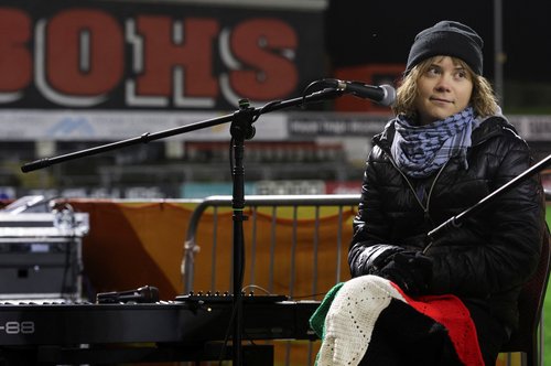 Swedish activist Greta Thunberg attends a fundraising event "An Evening of Words and Songs for Gaza" at Dalymount Park, in Dublin, Ireland, December 18, 2025. REUTERS/Cathal McNaughton