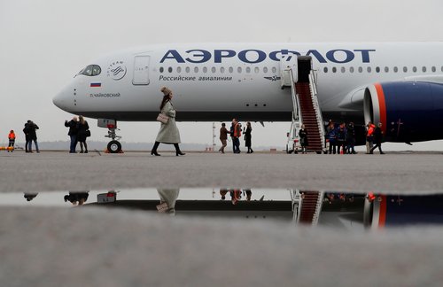 FILE PHOTO: Aeroflot presents its first Airbus A350-900 at Sheremetyevo International Airport outside Moscow