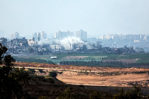 A view shows smoke in the Gaza Strip as seen from Israel's border with the Gaza Strip, in southern Israel