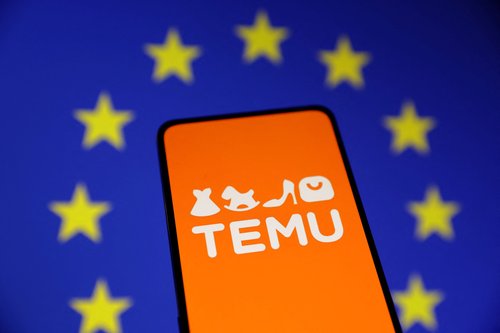 Illustration shows Temu logo and EU flag