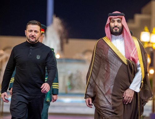 Ukrainian President Volodymyr Zelenskiy meets Saudi Crown Prince, Mohammed bin Salman, during his visit to Jeddah, Saudi Arabia