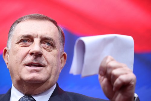 President of Republika Srpska (Serb Republic) Milorad Dodik addresses his supporters, in Banja Luka