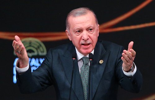 Turkish President Tayyip Erdogan addresses the audience at Antalya Diplomacy Forum