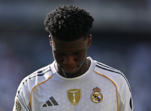 Soccer Football - FIFA Club World Cup - Semi Final - Paris St Germain v Real Madrid - MetLife Stadium, East Rutherford, New Jersey, U.S. - July 9, 2025 Real Madrid's Aurelien Tchouameni reacts after the match REUTERS/Amanda Perobelli
