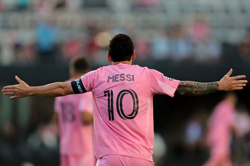 Jul 30, 2025; Ft. Lauderdale, Florida, USA; Inter Miami CF forward Lionel Messi (10) reacts against Atlas FC during the first half of a group stage Leagues Cup match at Chase Stadium. Mandatory Credit: Sam Navarro-Imagn Images