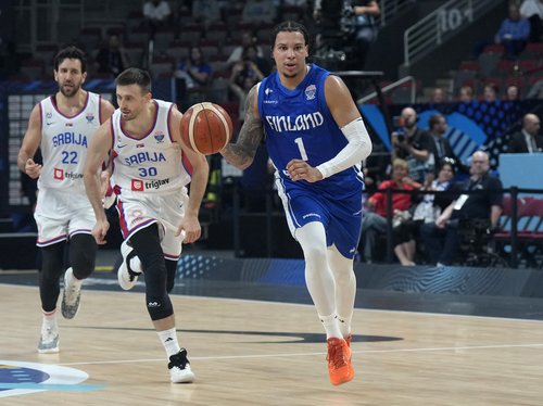 Basketball - FIBA EuroBasket 2025 - Round of 16 - Serbia v Finland - Xiaomi Arena, Riga, Latvia - September 6, 2025 Finland's Miro Little in action REUTERS/Ints Kalnins
