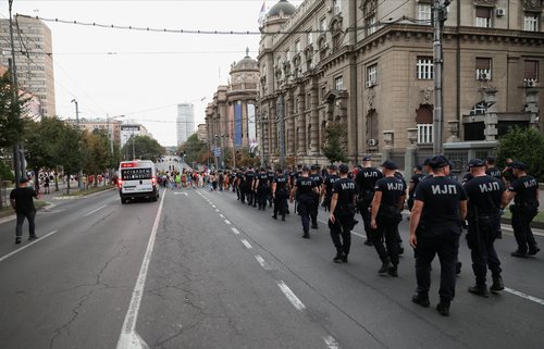 Serbian police officers guard the streets during the annual