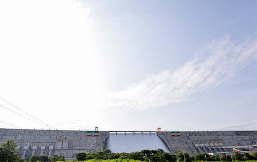 Large Ethiopian flags are displayed on the Grand Ethiopian Renaissance Dam (GERD), built along the Blue Nile, during its inauguration, in Guba, Benishangul-Gumuz region, Ethiopia, September 9, 2025. REUTERS/Tiksa Negeri