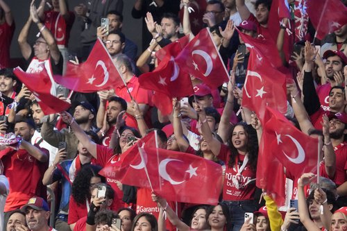Basketball - FIBA EuroBasket 2025 - Semi Finals - Greece v Turkiye - Xiaomi Arena, Riga, Latvia - September 12, 2025 Turkey fans in the stands before the match REUTERS/Ints Kalnins