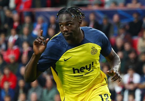 Soccer Football - UEFA Champions League - PSV Eindhoven v Union Saint-Gilloise - Philips Stadion, Eindhoven, Netherlands - September 16, 2025 Union Saint-Gilloise's Promise David celebrates scoring their first goal REUTERS/Piroschka Van De Wouw