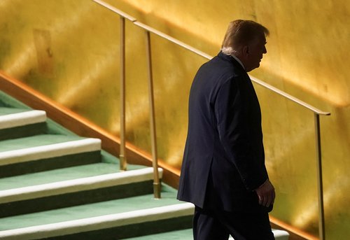 U.S. President Donald Trump walks after addressing the 80th United Nations General Assembly, in New York City, New York, U.S., September 23, 2025. REUTERS/Al Drago