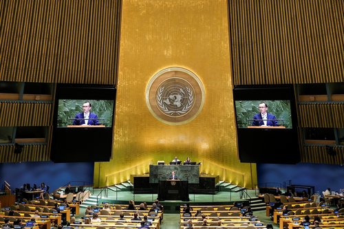 Norway's Foreign Minister Espen Barth Eide addresses the 80th United Nations General Assembly at U.N. headquarters in New York, U.S., September 25, 2025. REUTERS/Eduardo Munoz