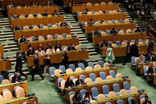 Delegates walk out before Israeli Prime Minister Benjamin Netanyahu addresses the 80th United Nations General Assembly (UNGA), at the U.N. headquarters in New York