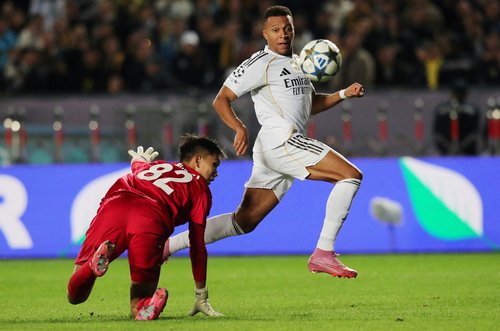 Soccer Football - UEFA Champions League - Kairat v Real Madrid - Central Stadium, Almaty, Kazakhstan - September 30, 2025 Real Madrid's Kylian Mbappe scores their second goal REUTERS/Pavel Mikheyev TPX IMAGES OF THE DAY