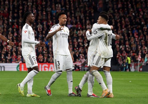 Soccer Football - LaLiga - Athletic Bilbao v Real Madrid - San Mames, Bilbao, Spain - December 3, 2025 Real Madrid's Kylian Mbappe celebrates scoring their first goal with teammates REUTERS/Pankra Nieto